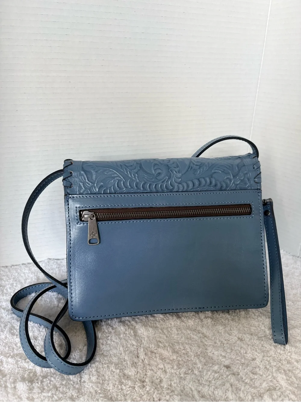 Patricia Nash Lanza Tooled Leather Crossbody Bag Blue Floral Whipstitch
